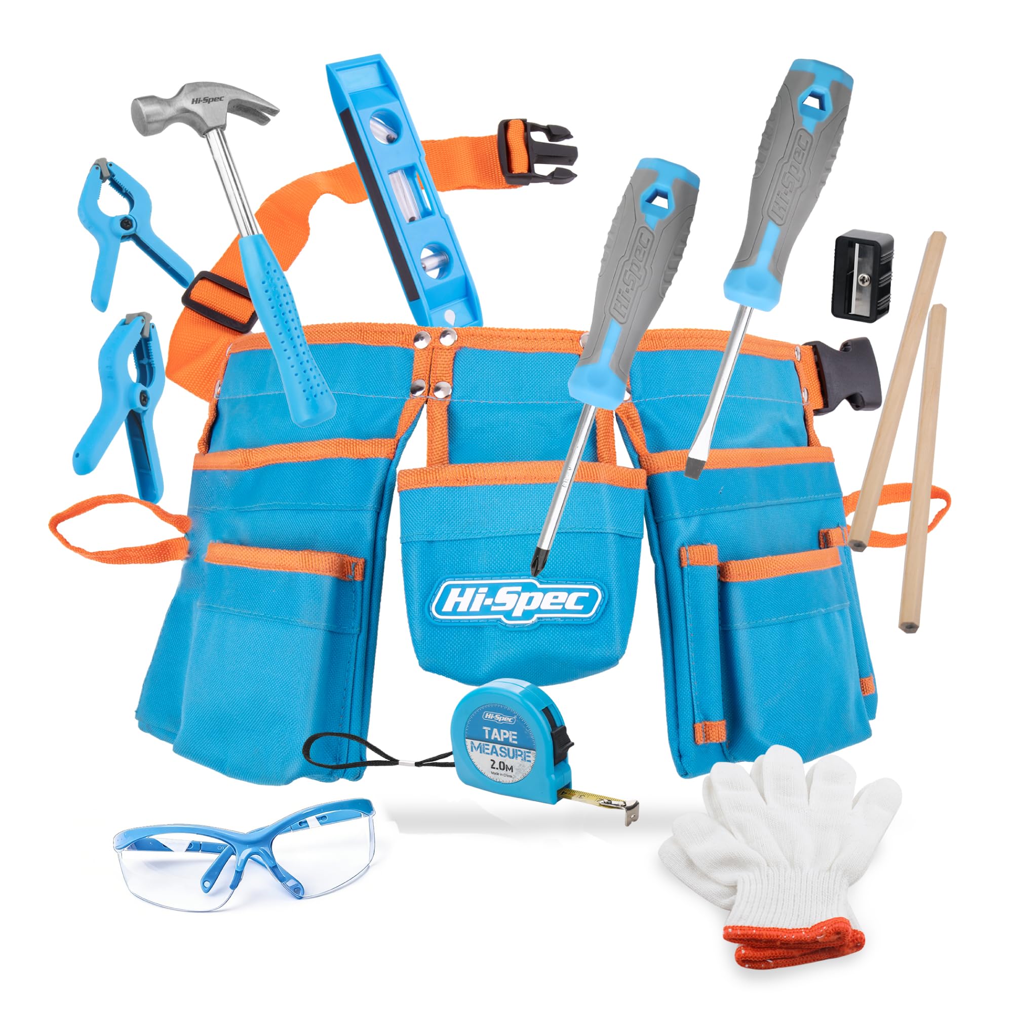 Hi-Spec 16pc Blue Kids Tool Kit Set & Child Size Tool Belt. Real Set for DIY Building, Woodwork & Construction Learning for Kids