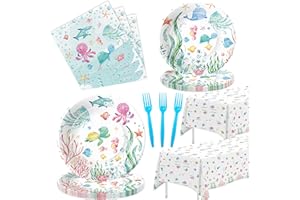 APOWBLS Under The Sea Party Decorations Dinnerware For Ocean Theme Birthday Baby Shower, Ocean Under The Sea Party Supplies, Plate, Napkin, Tablecloth, Underwater Sea Life Party Tableware, Serve 24