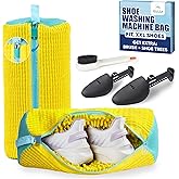 Shoe Washing Machine Bag –2 Pcs Reusable Laundry Shoe Bag with Brush & Shoe Trees, 360° Deep Cleaning Sneaker Washing Machine Bag, Fits All Shoe Types & Sizes (Yellow, 14.8 × 7.4 Inches)