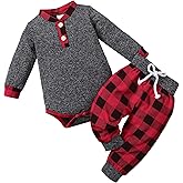 FOCICI Newborn Baby Boy Clothes Fall Winter Infant Outfits For Boys Long Sleeve Button Romper and Plaid Pants 2pcs Set