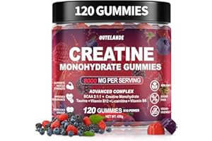 OUTELANDE Creatine Monohydrate Gummies 8000 mg for Men & Women, Creatine Supplement for Enhanced Muscle Growth, Energy Boost - with L-Taurine, Sugar Free, Vegan, Raspberry BlackBerry Blueberry Flavor-120 Count