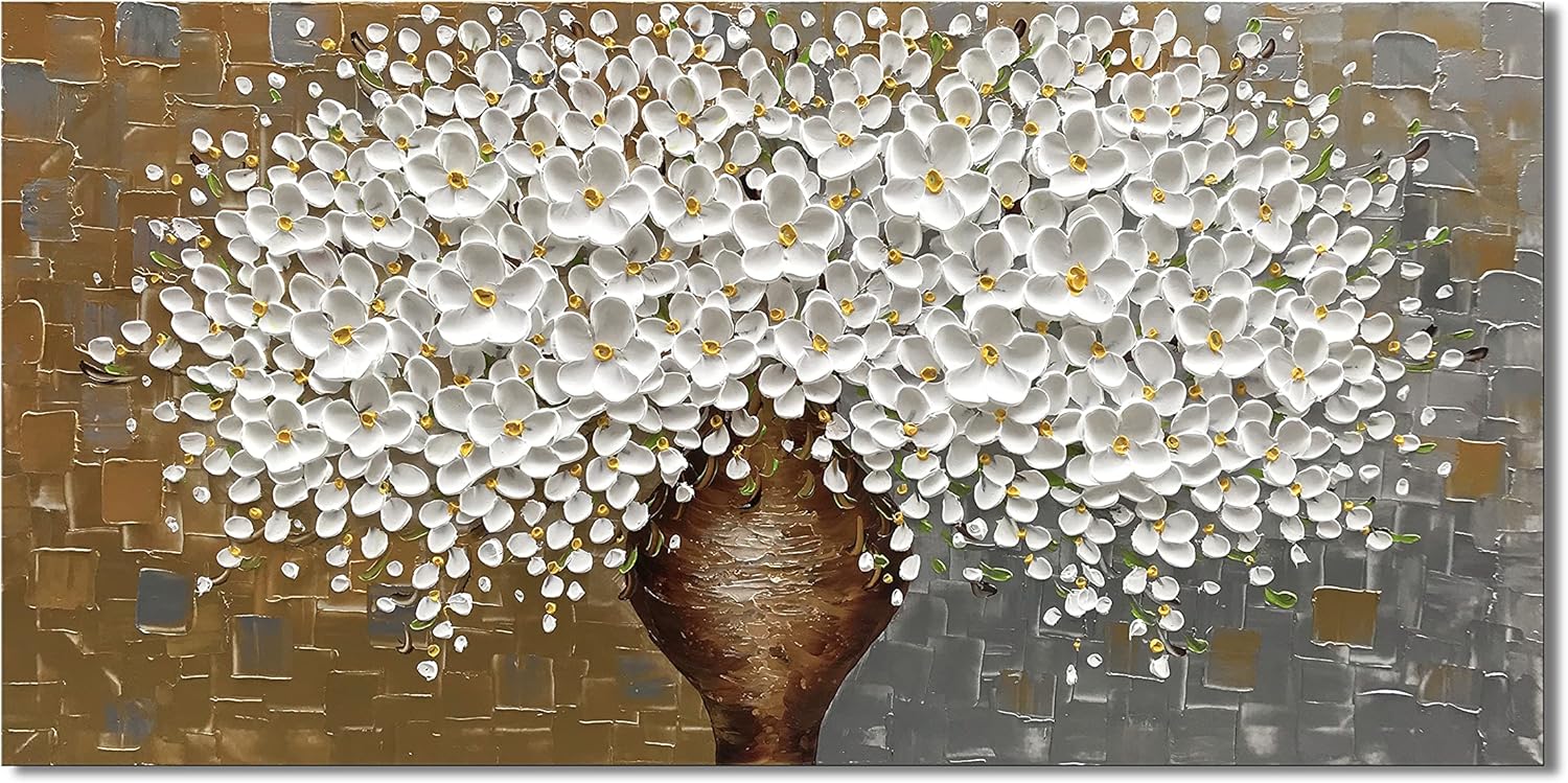 Paintings - Diathou Large Original hand-painted 3D Oil Painting on Canvas Wall Art White Flower Vase Palette Knife Painting Heavy Textured Painting modern living room decoration hanging painting 24x48 inches