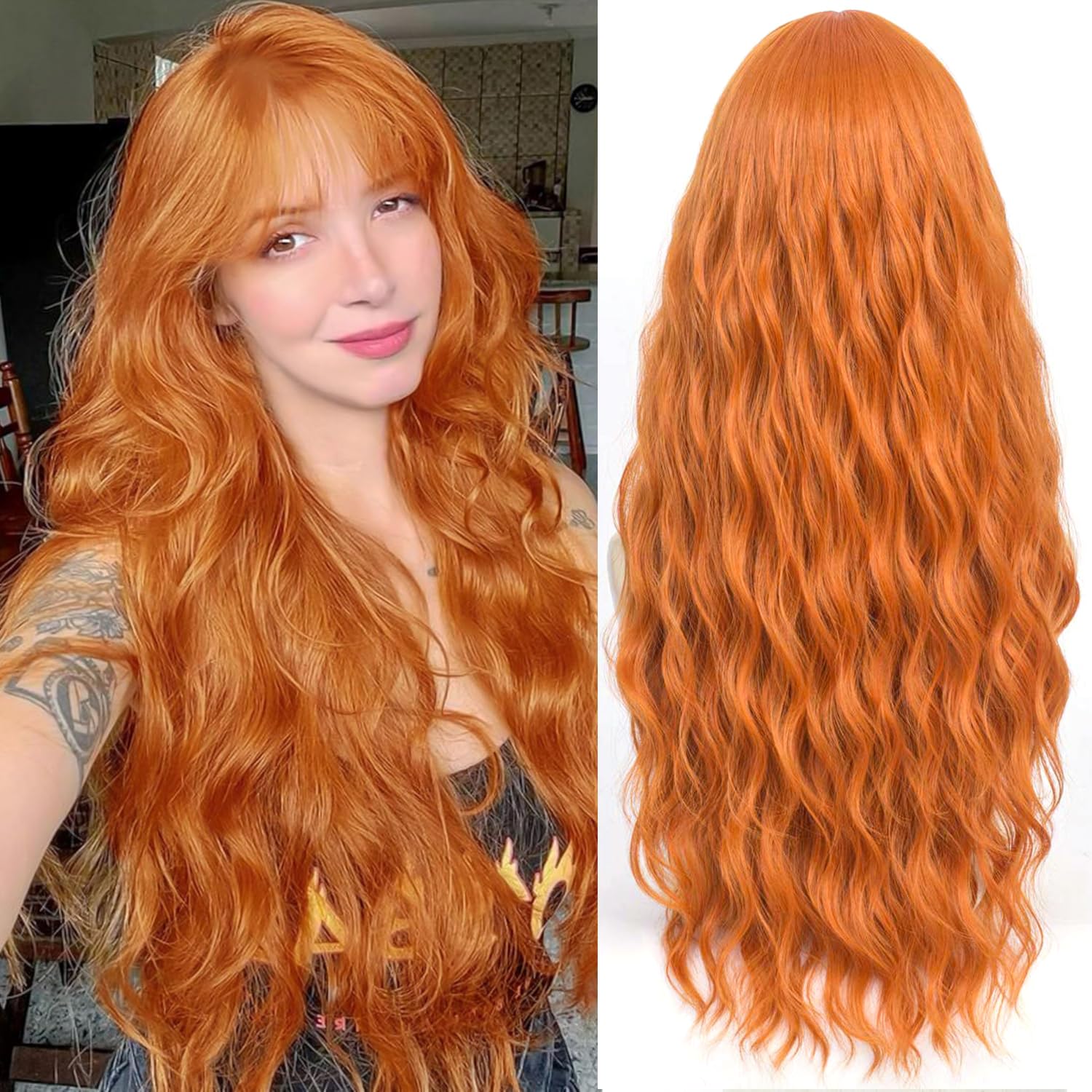 YEESHEDO Copper Orange Women's Wig Long Wave Wigs for Women with Bangs, Natural Curly Wavy Synthetic Replacement Hair for Party Cosplay Halloween 28 Inches (Orange)