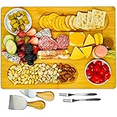 PandPal Bamboo Cheese Board with Knife, Bowl, Fork Set, Wood Charcuterie Platter & Food Serving Tray for Wine Glasses, Misoph Collection