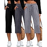 Huukeay 3 Pack Women's Capri Pants, Drawstring Lounge Capris Wide Leg Cropped Pants with Pockets Workout Yoga Joggers