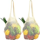 Quality Net Bag 2 bags - Eco-friendly 100% cotton reusable tote bag for grocery shopping and travel, durable folding wash lon