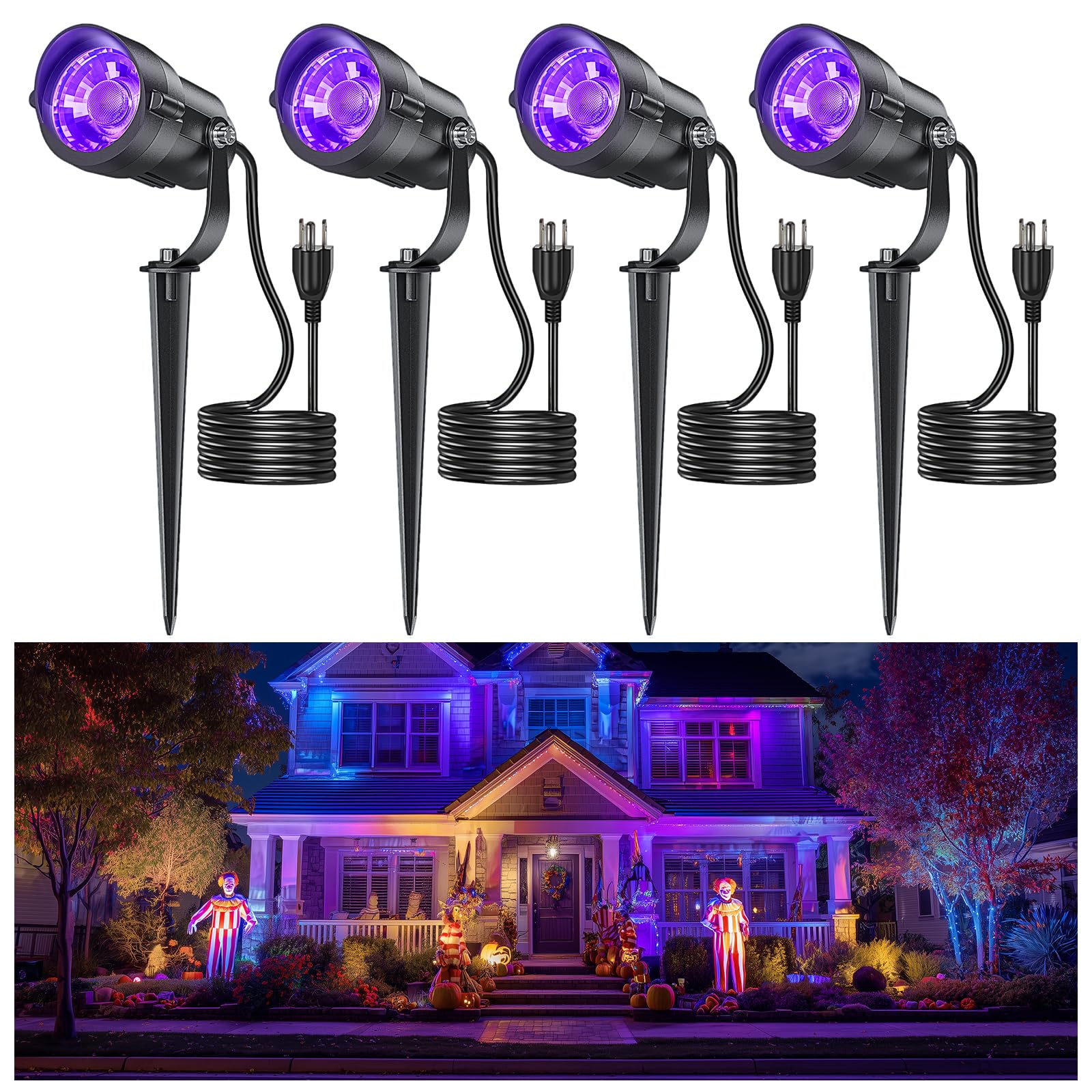 Photo 1 of HIBOITEC Halloween Black Light Spotlight Outdoor 12W IP65 Waterproof LED Spot Lights Landscape Lighting with US Plug for Glow Party Body Paint Yard Garden Decorations 4Packs