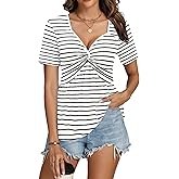 ETCYY Summer Tops for Women Trendy Front Knotted V-Neck Short Sleeve T Shirts Baby Doll Ladies Tunic Top Loose Casual Blouses