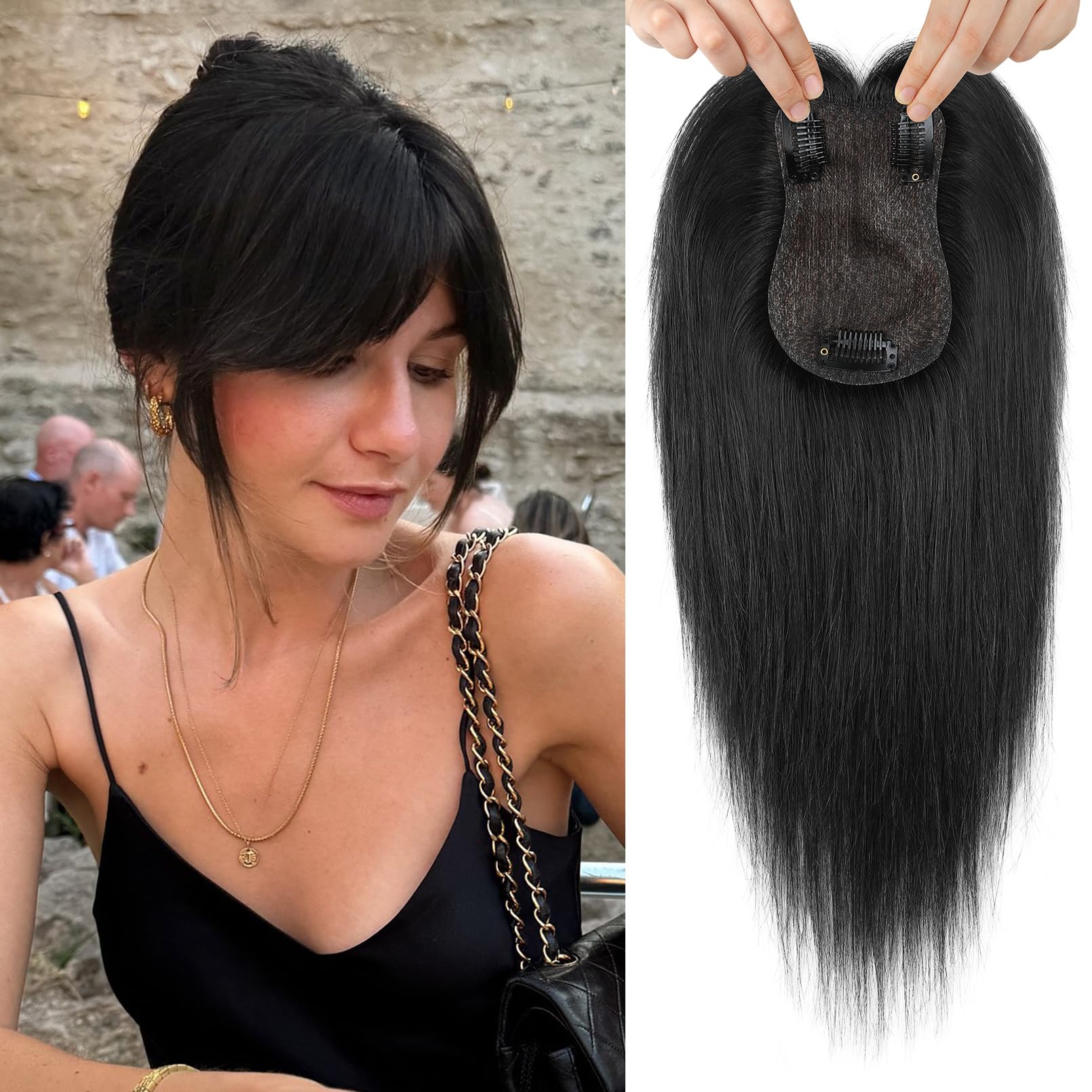 Photo 1 of Flufymooz 100% Real Human Hair Toppers, 12 Inch Human Hair Toppers for Thinning Hair Large Hand-woven Area 360° Coverage Natural Hairpiece Wiglet for Women Daily 5"x3" Silk Base (Natural Black)