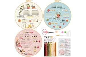 Embroidery Practice Kit with1 8-inch Hoop, 30 Stitch Patterns, 3 Pre-Stamped Fabrics, Thread Kit and Tools, 20 x 20 cm