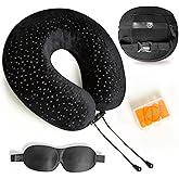 Aeris Memory Foam Travel Pillow for Airplanes - Best Airplane Neck Pillow for Long Flights - Plane Accessories Carry Bag to Save Space, Ear Plugs and Eye Mask - Perfect Flight Set & Gift