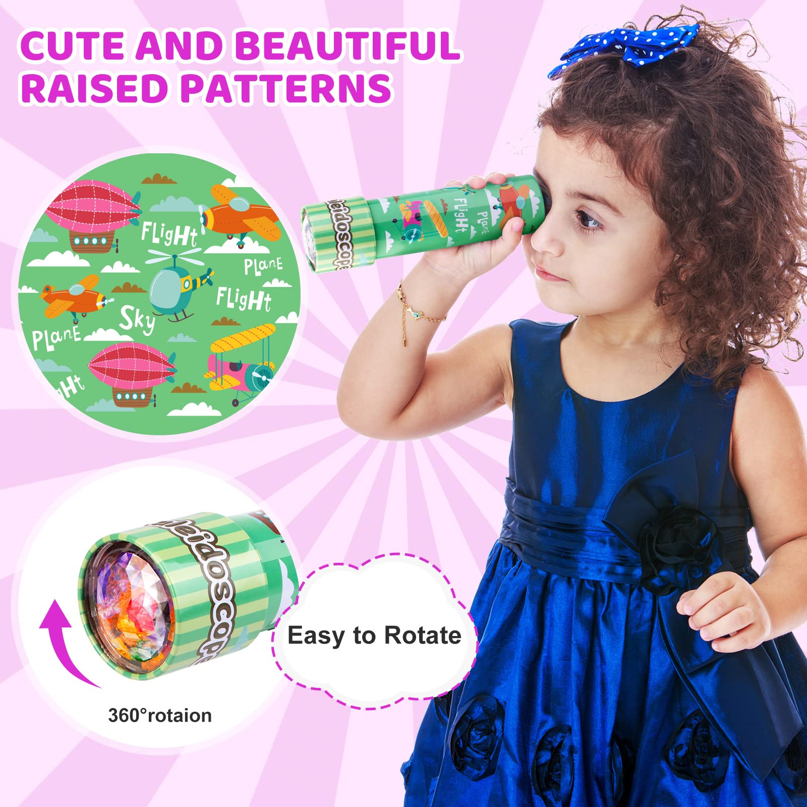 Classic Tin Kaleidoscope, Kaleidoscope for Kids, Kaleidoscope Toy with Metal Body, Retro Toys Educational Toys Green Kaleidoscope with 3D Pattern, Birthday Party Gift for Boys and Girls (Sky+ Plane)