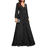 Ever-Pretty Women's A-Line Glitter Formal Dresses V-Neck Long Sleeves Floor Length Evening Gowns Mother of Bride Dress