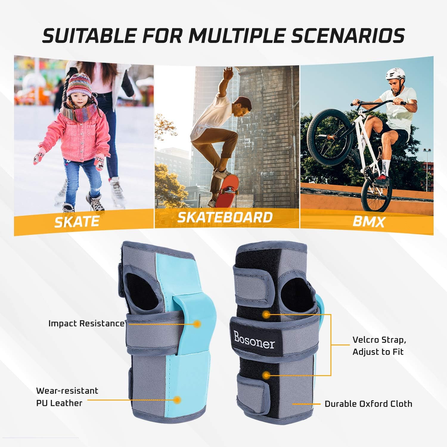 BOSONER Adult/Child Knee Pads Elbow Pads Guards Protective Gear Set for Cycling Bike Skateboarding Inline Roller Skating Bicycle Scooter, Wrist Guards Youth Kids Adults for Multi-Sports Outdoor : Sports & Outdoors