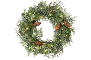 Pre Lit Christmas Wreath for Front Door Green Wreath Decorated with Pine Cones,Berry Clusters, Abundant Fit Branches 18” Ligh