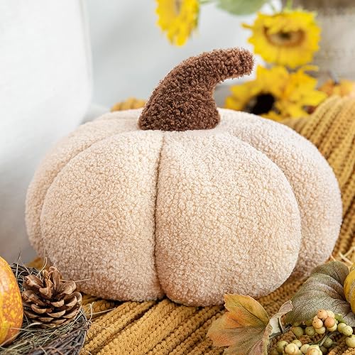 Phantoscope Teddy Fleece Pumpkin Throw Pillows, Halloween Happy Halloween Sherpa Fall Decorative Pumpkin Shaped Pillow Cute 3D Shaped Cushion, Off-White, 6 x 12 inches