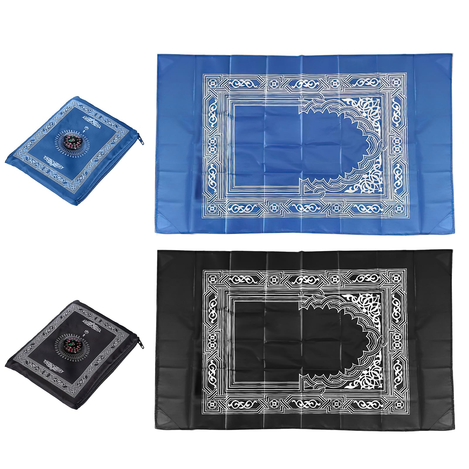 Pennle 2 Pieces Travel Prayer Mat Rug, Pocket Travel Foldable Portable Muslim Prayer Carpet with Compass Praying Rug for Ramadan Gifts, 60 x 100cm Prayer Rug (Black, Blue)