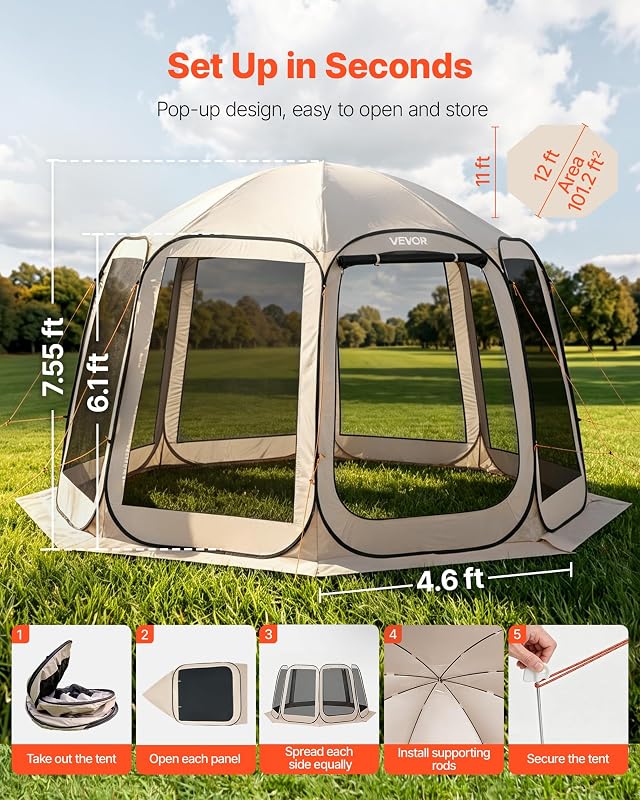 Tente Moustiquaire Pop Up 366x338x230 cm Abri Moustiquaire Pliant 10-12 Personnes Tente Portable pour Jardin Terrasse Cour Activités Plein Air, avec Sac de Transport, Piquets de Fixation, Beige