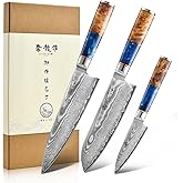 Japanese Chef Knife Set 3 Pcs, 67-Layer Damascus Kitchen Knife Set with VG10 Steel Core, Professional Sharp Damascus Knives with Ocean-Blue Ergonomic Handle, Include Elegant Cooking Gifts Box