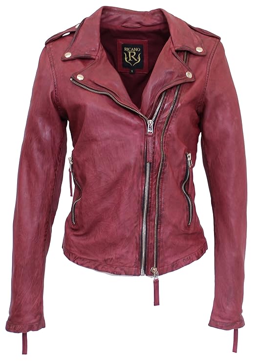 RICANO Biker-513, Damen Lederjacke (Slim Fit) im Bikerstil aus echtem Lamm Nappa Leder (Schwarz, Olive Grün, Bordeaux Rot ode