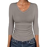ANRABESS Womens Tops 3/4 Sleeve V Neck Ribbed Knit Slim Fit Shirts Basic Tee 2026 Fall Outfits Casual Tshirt Fashion Clothes