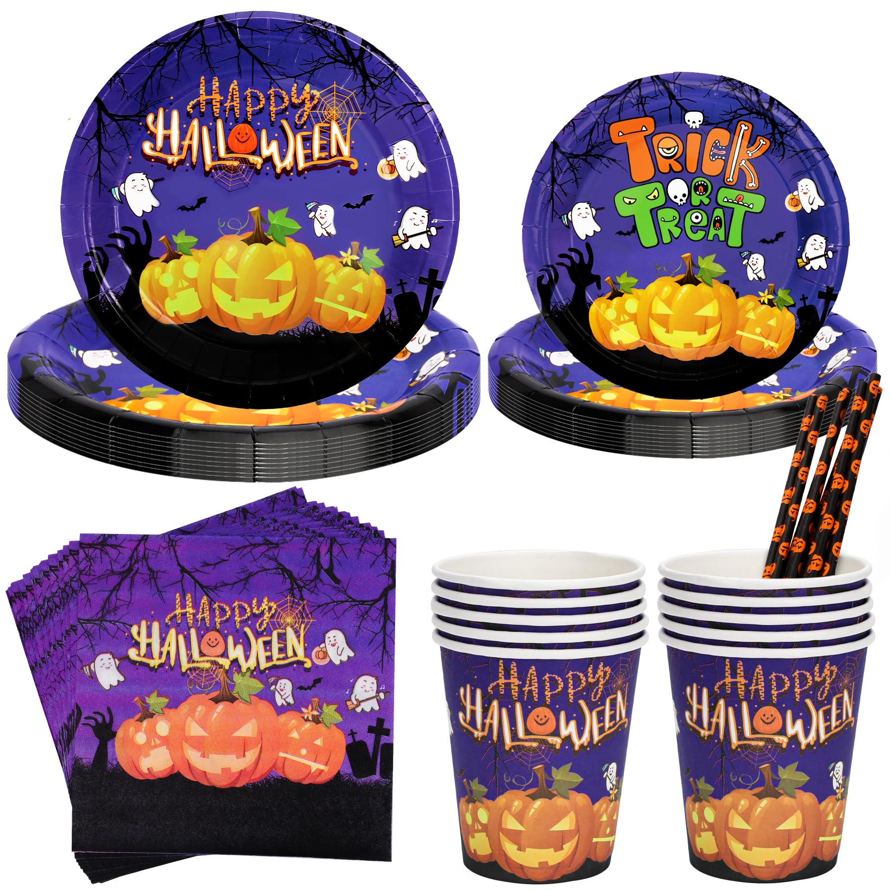 Halloween Tableware Set for 10 People - 50Pcs Decoration Paper Dinnerware With Reusable Plates, Napkins, Cups - Party Supplies and Decor