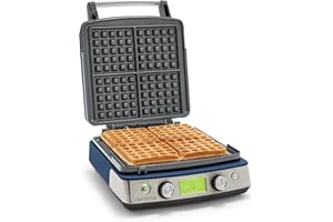GreenPan Elite 4-Square Belgian & Classic Waffle Iron, Healthy Ceramic Nonstick Aluminum Dishwasher Safe Plate, Adjustable Shade/Crunch Control Wont Overflow Easy Clean,Breakfast,PFAS-Free,Oxford Blue