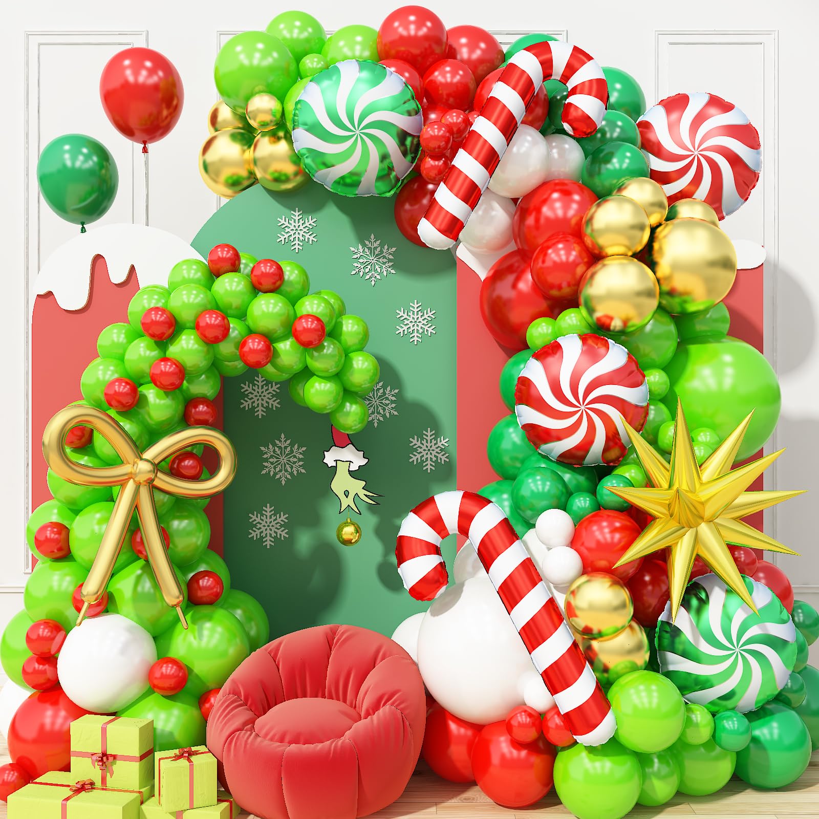 Christmas Balloon Arch Garland Kit, 141Pcs Red and Green White Xmas Balloon with Candy Cane Gold Explosion Star Foil Balloons for Merry Christmas Holiday Woodland Winter New Year Party Decorations
