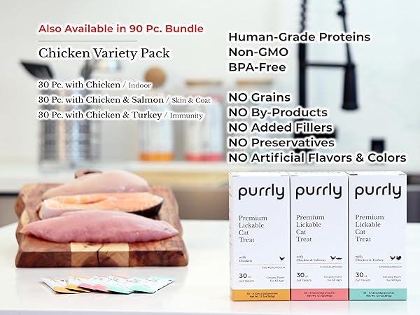 PURRLY LICKABLE WET CAT TREATS HEALTHY GRAIN-FREE CHICKEN VARIETY PACK (18 COUNT) SQUEEZABLE CREAMY PURÉE WITH HUMAN-GRADE PROTEIN SOURCES AND FUNCTIONAL NUTRIENTS NON-GMO NO-ARTIFICIAL-ADDITIVES
