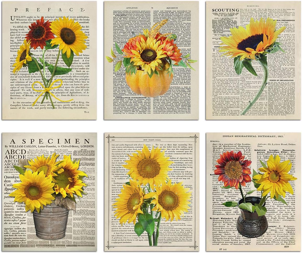 Sunflower Wall Art Canvas Painting 6 PCS Vintage Flower