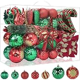 Alupssuc 128pcs Christmas Balls Ornaments Set, Red, Green and Gold | Shatterproof Plastic Baubles Christmas Flowers, Tree Topper &amp; Hanging String, Decorations for Xmas Tree Holiday Wedding Party