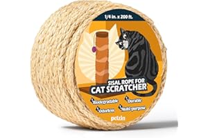Pelzin Natural Sisal Rope for Cat Scratcher 1/4 Inch by 200 Feet, Cat Tree Rope Twine for Cat Scratching Post Replacement, Cat Tower with Scratch Post Repairing, Replace, Recovering and DIY, Natural