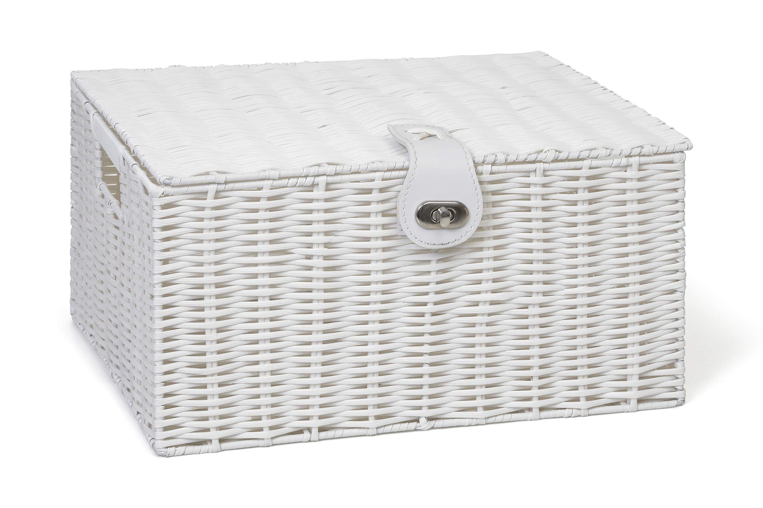 ARPAN Large Resin Woven Storage Basket Box With Lid & Lock - White