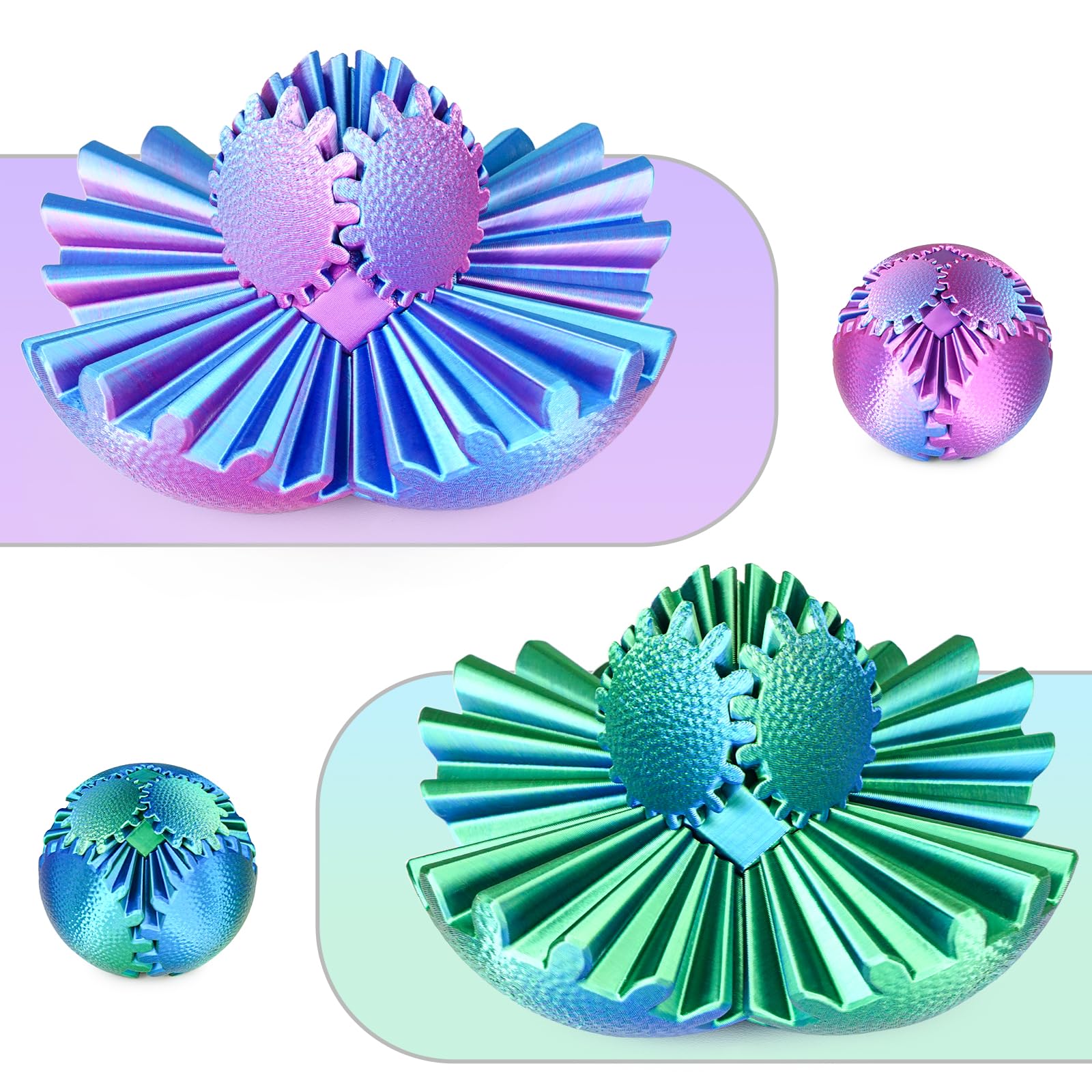 Gear Ball Fidget Toys Steampunk Gear Sphere Stress Relief for Kids Adults 3D Printed Unique Funny Birthday Gift for Christmas White Elephant Stocking Stuffer Easter (Green+Purple, Dia. 2.5" )