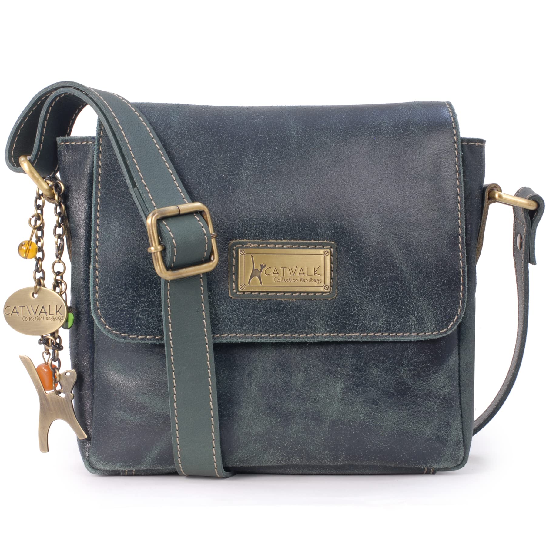 Catwalk Collection Handbags - Ladies Small Distressed Leather Cross Body Bag - Women's Messenger Bag - Adjustable Crossbody Strap - Sabine S - Green