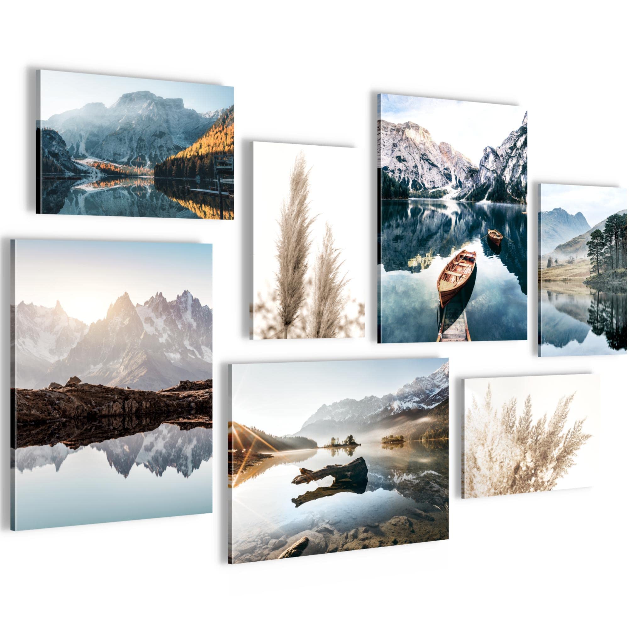 Novart Set of Canvas - COMPLETELY READY TO HANG - Pictures for Wall - Lake Mountains Blue - 7 Pieces - Living Room Bedroom N003671a