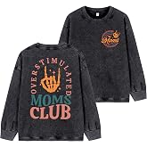 Overstimulated Moms Club Shirt for Women Oversized Vintage Acid Wash Mama T-Shirt Mom Crewneck Cotton Long Sleeve Top