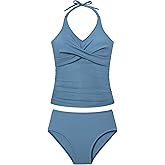 Girls Swimsuits 2 Piece Halterneck Bathing Suit Criss Cross Ruched Printed Tankini Swimwear Set for 9-16 Years