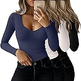 Huukeay 3 Pack Women's Ribbed Long Sleeve Shirts, Sexy Sweetheart Neckline Tops Fall Knit Slim Fit T-Shirt Y2k Going Out Tees