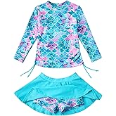 swimsobo Girls Swimsuit Rash Guard Long Sleeve Bathing Suit Two Piece Swimwear Swimming Skirt with Shorts 3-12T