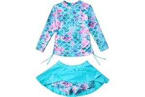 swimsobo Girls Rash Guard Two Pieces Bathing Suit Long Sleeve Swimsuit Swimming Skirt with Shorts Swimwear 3-12T