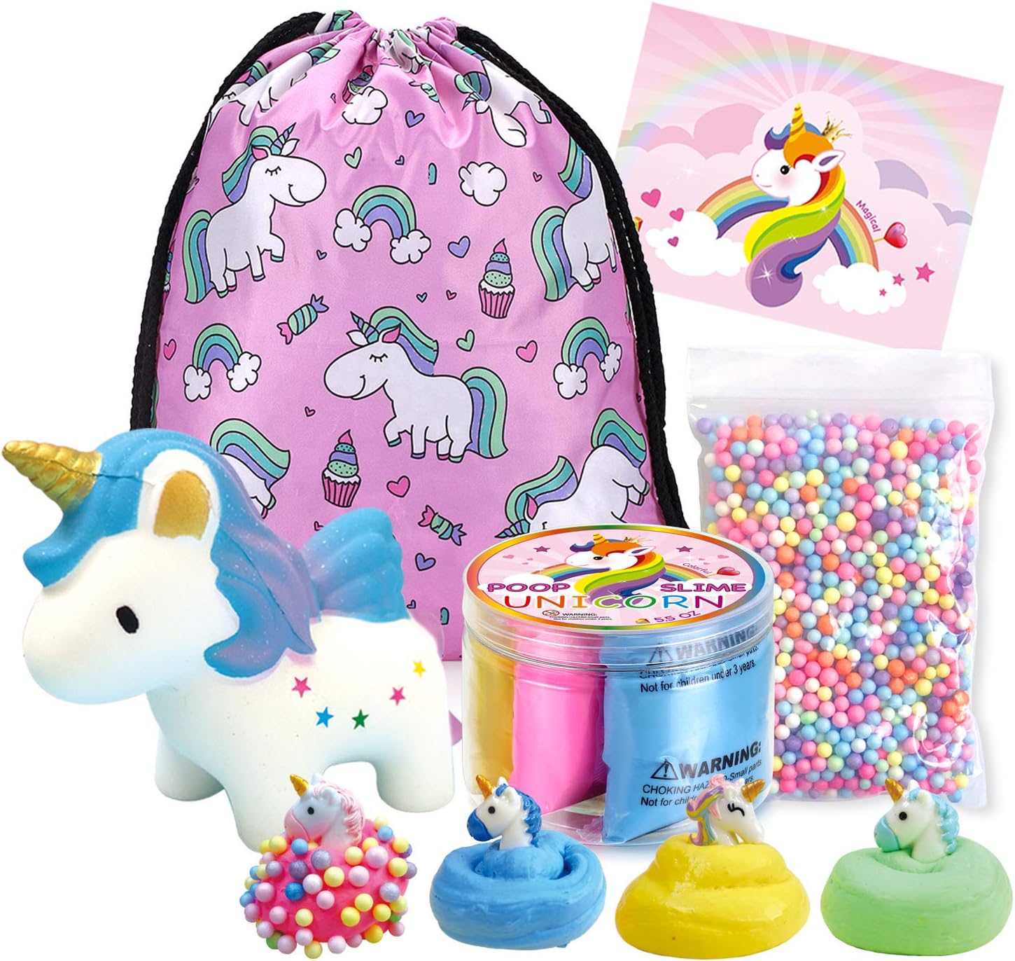 LittleBoo Unicorn Gift Set - Unicorn Squishy, Unicorn Slime, Unicorn Drawstring Backpack, Unicorn Card - Unicorn Gifts for Girls (Rainbow Unicorn Squishy)