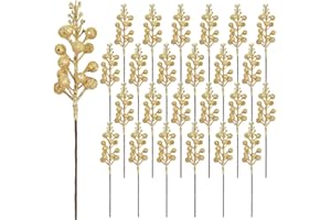 JREMREO 24 Pack 9 Inches Glitter Artificial Berry Stems, 15 Berries per Stem, Christmas Tree Picks Ornaments, DIY Xmas Wreath, Floral Arrangements Home Décor, Winter Wonderland Decoration (24, Gold, 9 Inch)