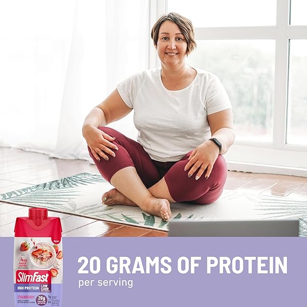 SLIMFAST PROTEIN SHAKE, STRAWBERRY- 20G PROTEIN, MEAL REPLACEMENT SHAKE READY TO DRINK, HIGH PROTEIN WITH LOW CARB AND LOW SUGAR, 24 VITAMINS AND MINERALS, 12 COUNT (PACK OF 1) (PACKAGING MAY VARY)