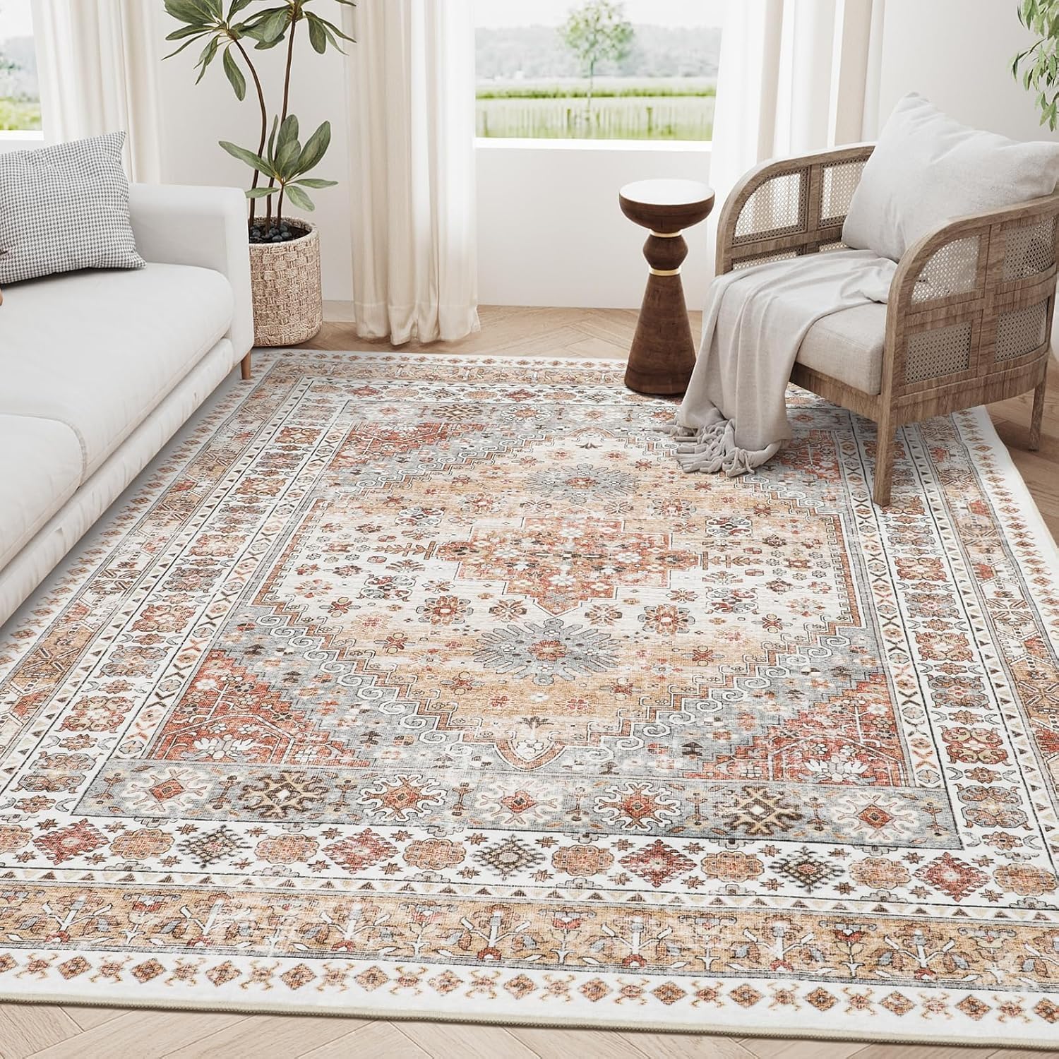Photo 1 of zesthome 5x7 Area Rugs - Ultra-Thin Washble Rug, Stain Resistant Anti Slip Backing Rugs for Living Room,Bedroom, Vintage Home Decor Area Rug (Orange,5'x7')
