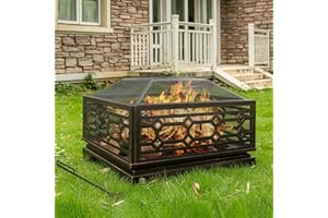 Florise Outdoor Fire Pit, 32 Inch Wood Burning Firepit for Outside with Mesh Cover & Fire Poker, Large Extra Deep Square Metal Fireplace for Patio, Backyard, Camping, Bonfire Party