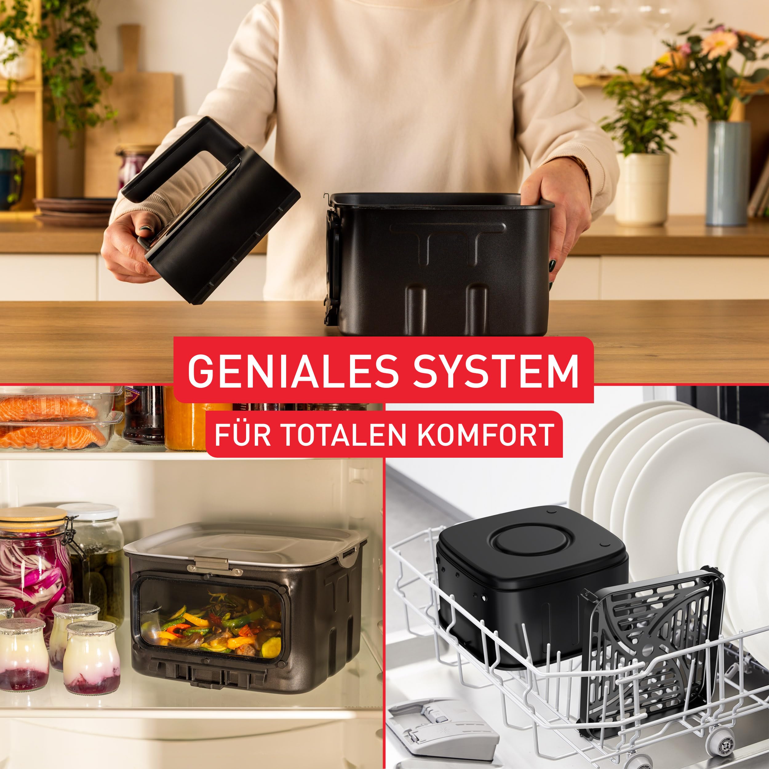 Tefal Easy Fry Silence Heißluftfritteuse, 7 L Fassungsvermögen, Silent-Technologie, Smart Assist System, bis zu 8 Portionen, abnehmbare Front mit Sichtfenster, Schwarz, EY876DE0 6