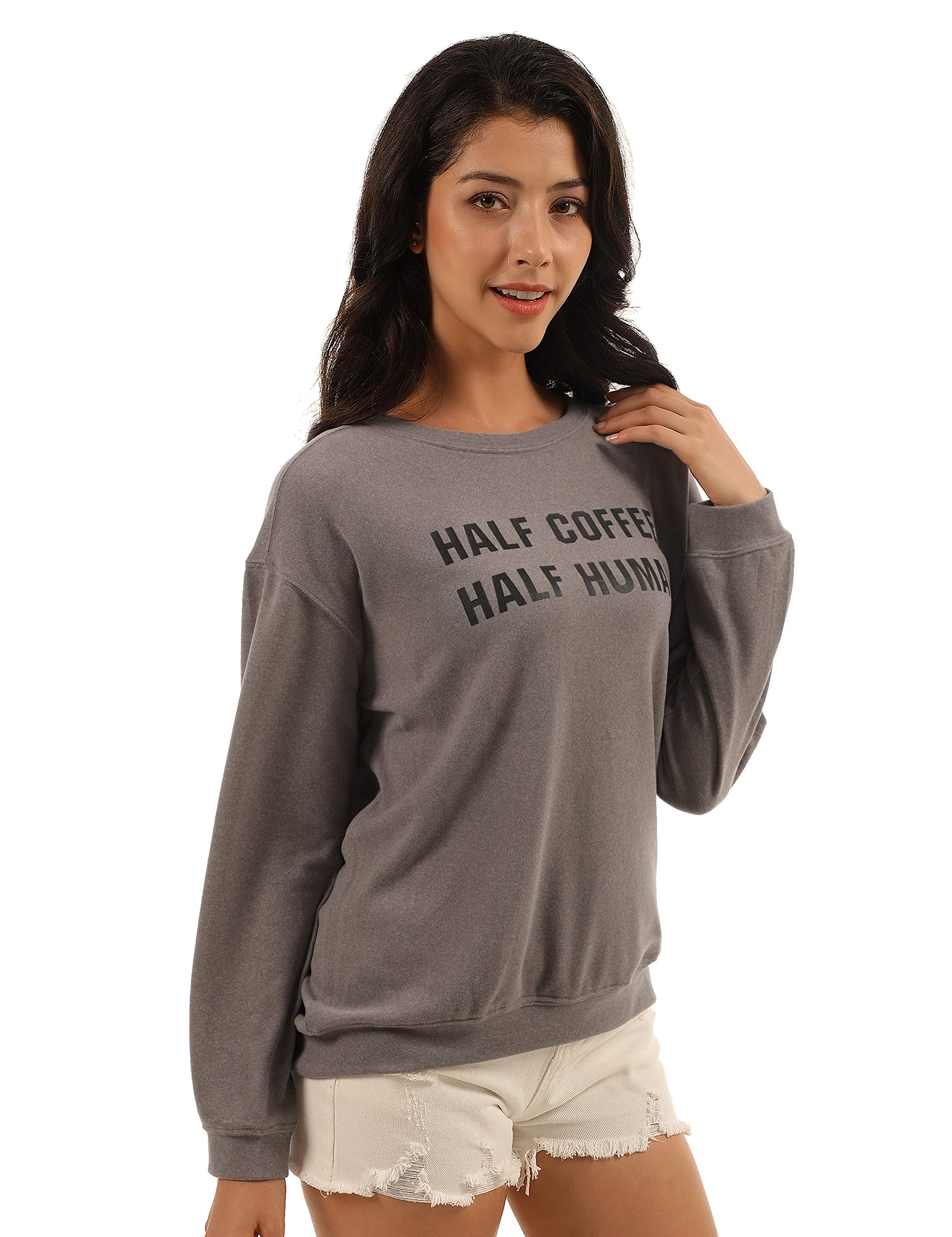 Blooming Jelly Womens Pullover Crewneck Sweatshirt Letter Print Long Sleeve Shirt Oversized Graphic Casual Top (x-Large, Grey)