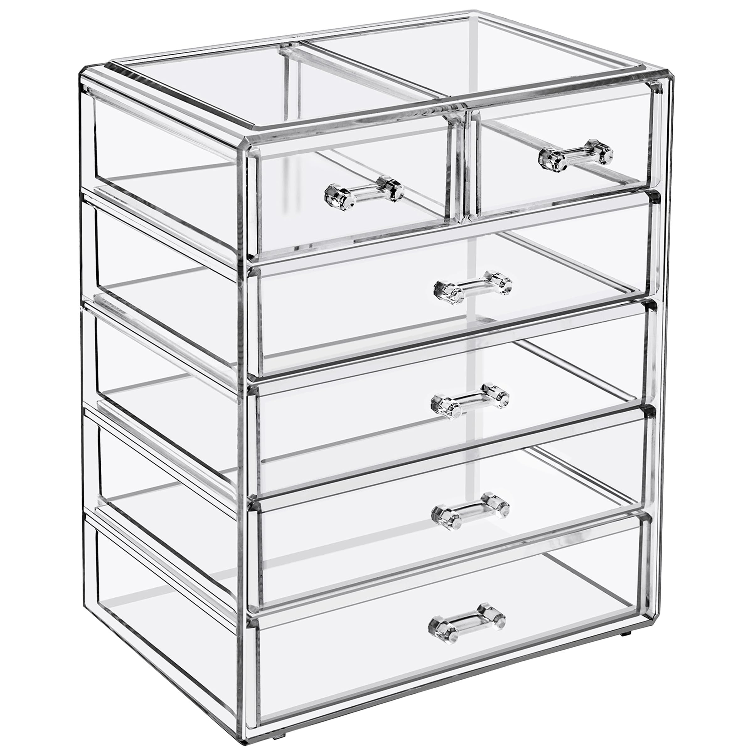 Sorbus Juego de organizador de maquillaje acrílico, tocador de 6 cajones y almacenamiento de cosméticos en la encimera con cajones pequeños y anchos, almacenamiento de maquillaje transparente para pinceles, lápices labiales, joyas – Regalo navideño para m