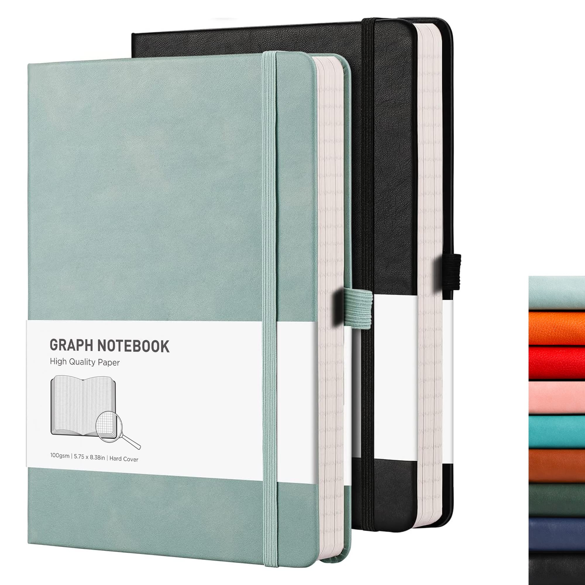 RETTACY Graph Paper Notebook A5 2 Pack - 384 Pages Squared Notebook with 100gsm Graph Paper, Pen Holder, Inner Pocket, for Office School Work Women Men Work 14.5 x 21cm - Black Gray Blue